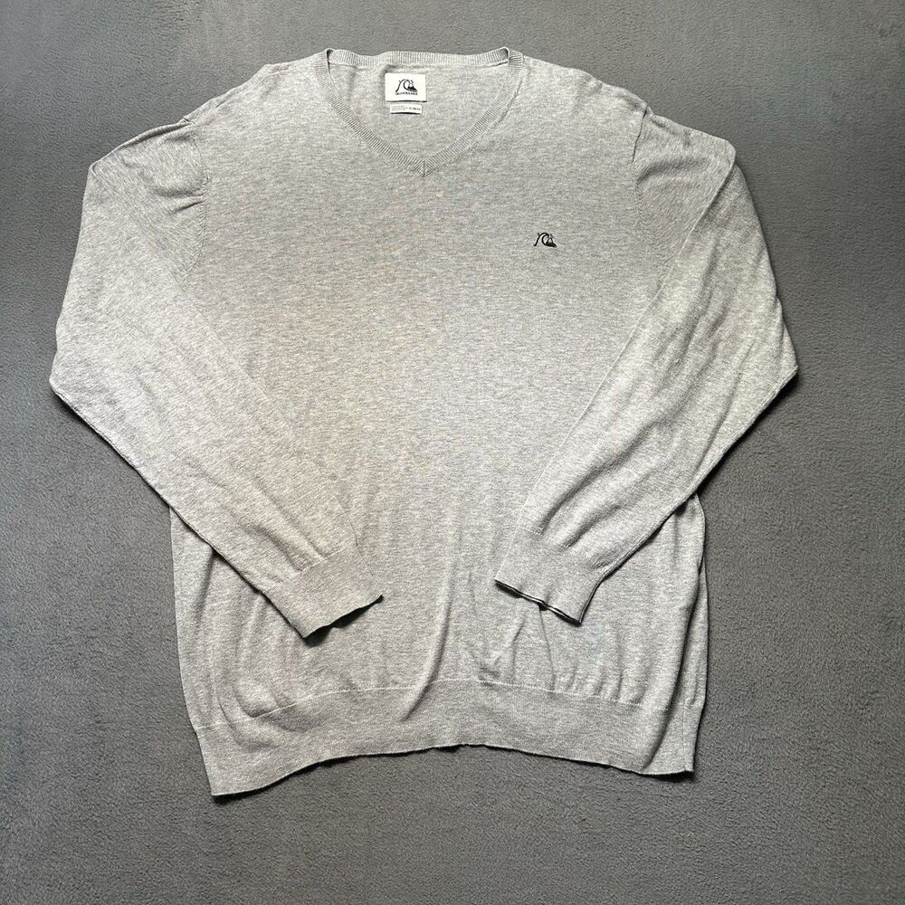 Quiksilver Mens XL V Neck Sweater Gray Surf Skater Pullover Logo Cotton EUC